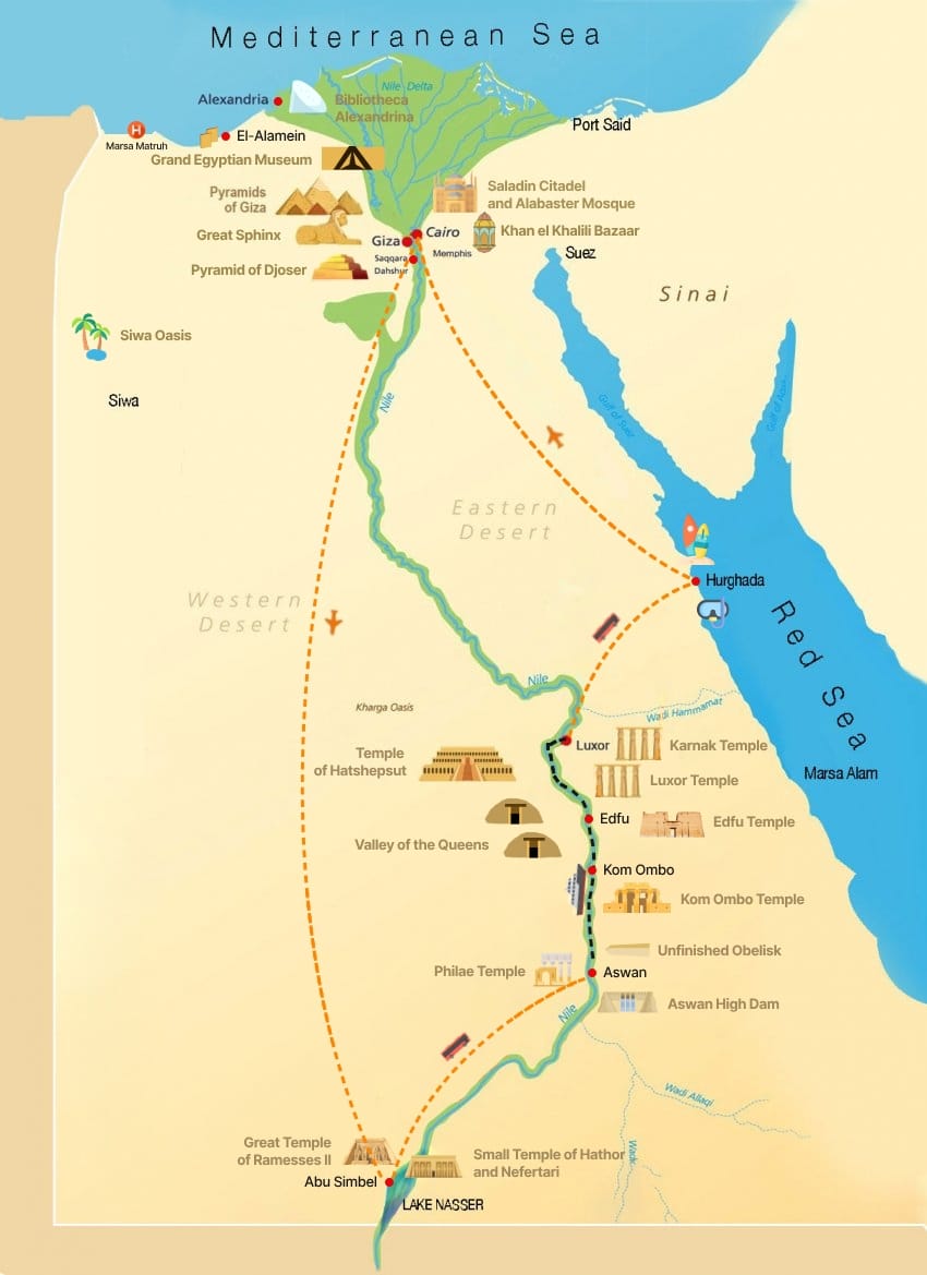 Luxury Egyptian Vacation and Archreological Tour 12 Days Map Luxury Egyptian Vacation and Archreological Tour 12 Days Map